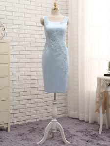 Enchanting Sleeveless Satin Mini Length Zipper Mother of Groom Dress in Light Blue with Lace and Appliques