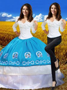 Cheap Off The Shoulder 3 4 Length Sleeve Sweet 16 Dress Floor Length Embroidery Blue And White Taffeta