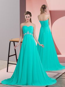 Spectacular Turquoise Empire Sweetheart Sleeveless Chiffon Brush Train Lace Up Beading Prom Dresses