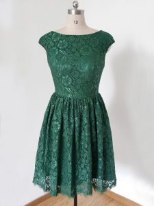 Superior Cap Sleeves Lace Knee Length Lace Up Dama Dress in Dark Green with Lace