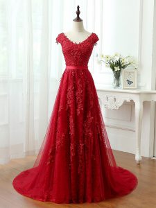 Tulle V-neck Cap Sleeves Brush Train Lace Up Lace and Appliques Red Carpet Prom Dress in Red