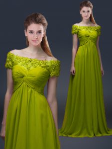 Captivating Short Sleeves Lace Up Floor Length Appliques Mother of Groom Dress