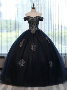 Customized Navy Blue Tulle Lace Up Quinceanera Gowns Sleeveless Floor Length Appliques