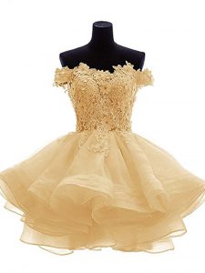 Classical Mini Length Gold Cocktail Dress Organza Sleeveless Lace and Appliques and Ruffles