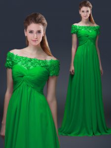 Fine Green Chiffon Lace Up Off The Shoulder Short Sleeves Floor Length Mother of Groom Dress Appliques