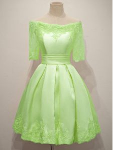 Elegant Half Sleeves Taffeta Knee Length Lace Up Bridesmaid Dresses in Yellow Green with Lace