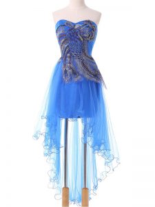 Elegant Blue Tulle Lace Up Club Wear Sleeveless High Low Appliques