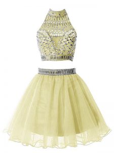 Dazzling Yellow A-line High-neck Sleeveless Organza Knee Length Zipper Beading Bridesmaids Dress