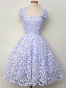 Lavender Straps Neckline Lace Bridesmaid Dress Cap Sleeves Lace Up