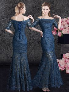 Sweet Mermaid Off the Shoulder Half Sleeves Floor Length Lace Lace Up Mother of Bride Dresses with Navy Blue