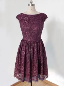 Dark Purple Empire Scoop Cap Sleeves Lace Knee Length Lace Up Lace Dama Dress for Quinceanera