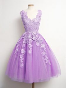 Beautiful A-line Quinceanera Court of Honor Dress Lilac V-neck Tulle Sleeveless Knee Length Lace Up