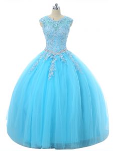 Extravagant Aqua Blue Ball Gowns Tulle Scoop Sleeveless Appliques Floor Length Lace Up Sweet 16 Dress