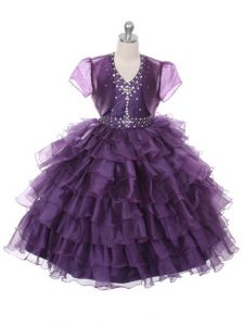 Purple Organza Lace Up Party Dress for Girls Sleeveless Floor Length Ruffled Layers