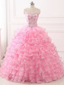 Hot Sale Baby Pink Organza Lace Up Sweetheart Sleeveless 15th Birthday Dress Sweep Train Beading and Ruffled Layers