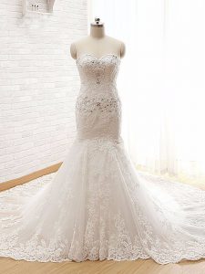 Inexpensive White Mermaid Beading and Lace and Appliques Wedding Dress Lace Up Lace Sleeveless