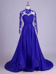 Sleeveless Taffeta Brush Train Lace Up Mother of Bride Dresses in Royal Blue with Lace and Appliques
