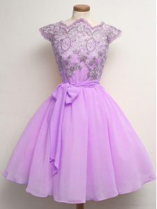 Custom Fit Cap Sleeves Chiffon Knee Length Lace Up Quinceanera Court Dresses in Lilac with Lace and Belt
