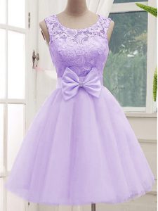Lavender Tulle Lace Up Scoop Sleeveless Knee Length Quinceanera Court Dresses Lace and Bowknot