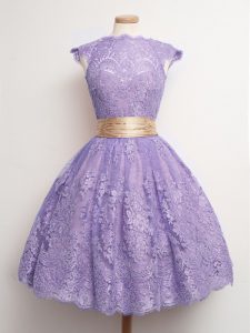 Lavender Lace Up High-neck Belt Wedding Party Dress Lace Cap Sleeves