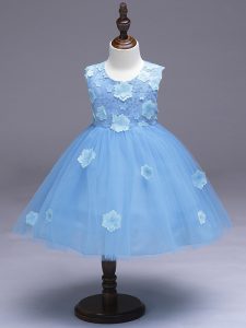 Knee Length Light Blue Flower Girl Dress Scoop Sleeveless Zipper