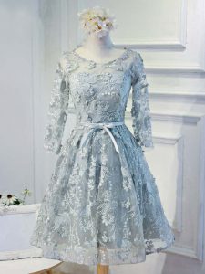 Grey Organza Lace Up Scoop Long Sleeves Knee Length Prom Dress Lace and Appliques and Belt