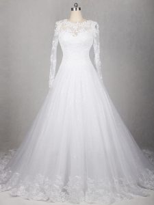 Gorgeous White A-line Scoop Long Sleeves Tulle Brush Train Side Zipper Lace Wedding Dress