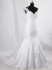 Fine White Sleeveless Tulle Brush Train Clasp Handle Wedding Dresses for Wedding Party