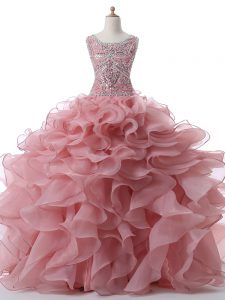 Floor Length Pink Ball Gown Prom Dress Organza Sleeveless Beading and Ruffles