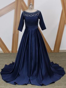 Zipper Mother of Bride Dresses Navy Blue for Prom and Military Ball with Beading Brush Train