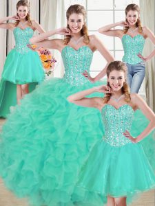 Turquoise Organza Lace Up Sweetheart Sleeveless Sweet 16 Quinceanera Dress Brush Train Beading and Ruffled Layers