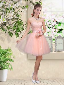 Fantastic Peach Sleeveless Knee Length Lace and Belt Lace Up Quinceanera Dama Dress