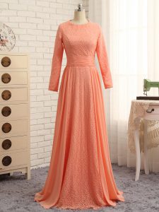 Orange Mother of Groom Dress Prom and Military Ball and Sweet 16 with Lace Scoop Long Sleeves Zipper