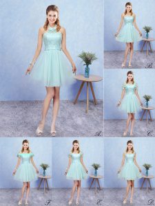 Aqua Blue Lace Up Dama Dress for Quinceanera Appliques Cap Sleeves Mini Length