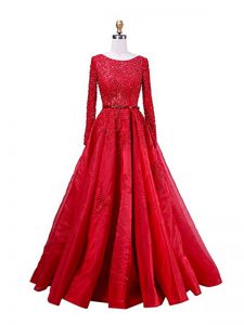 Scoop Long Sleeves Evening Dress Brush Train Beading and Lace Red Taffeta