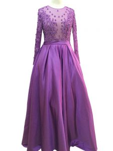 Chic Purple Scoop Zipper Beading and Lace and Appliques Red Carpet Gowns Long Sleeves