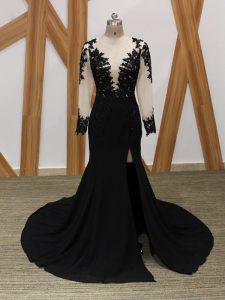 Enchanting Zipper Mother Dresses Black for Prom and Party and Military Ball and Beach with Lace and Appliques Brush Train