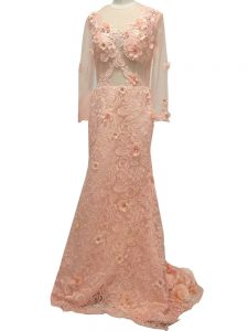 Pretty Peach Mother Dresses Prom and Party and Military Ball and Sweet 16 with Beading and Hand Made Flower Scoop Long Sleeves Brush Train Side Zipper