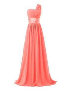 Simple Watermelon Red Sleeveless Ruching Floor Length Quinceanera Court of Honor Dress
