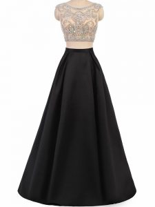 Noble Black Dress for Prom Prom and Party and Wedding Party with Beading Scoop Sleeveless Zipper