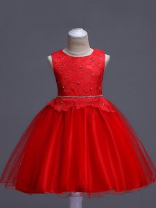Ball Gowns Kids Formal Wear Red Scoop Organza Sleeveless Knee Length Zipper