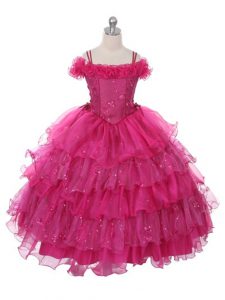 Floor Length Fuchsia Little Girls Pageant Dress Wholesale Organza Sleeveless Ruffles and Ruffled Layers
