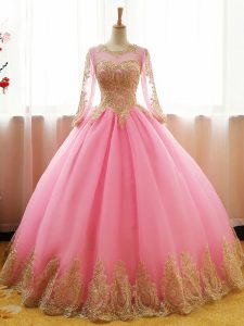 Smart Pink Ball Gown Prom Dress Sweet 16 and Quinceanera with Appliques Scoop Long Sleeves Lace Up