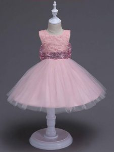 Elegant Knee Length Zipper Party Dress Baby Pink for Wedding Party with Lace and Bowknot