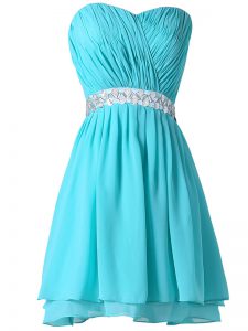 Fashion Aqua Blue Chiffon Lace Up Homecoming Dress Sleeveless Mini Length Beading and Ruching