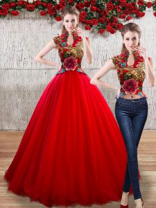 Designer Red High-neck Lace Up Appliques Quinceanera Gowns Sleeveless