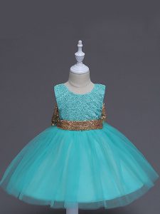 Unique Aqua Blue Scoop Zipper Lace and Bowknot Flower Girl Dresses for Less Sleeveless