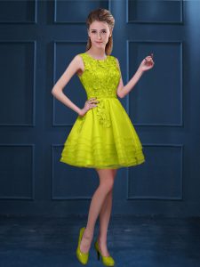 Yellow Green Tulle Zipper Scoop Sleeveless Knee Length Damas Dress Lace and Ruffled Layers