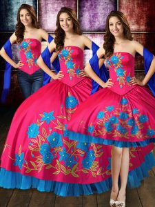 Best Selling Hot Pink Taffeta Lace Up 15 Quinceanera Dress Sleeveless Floor Length Embroidery