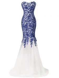 Most Popular Blue And White Tulle Lace Up Sweetheart Sleeveless Evening Outfits Brush Train Lace and Appliques